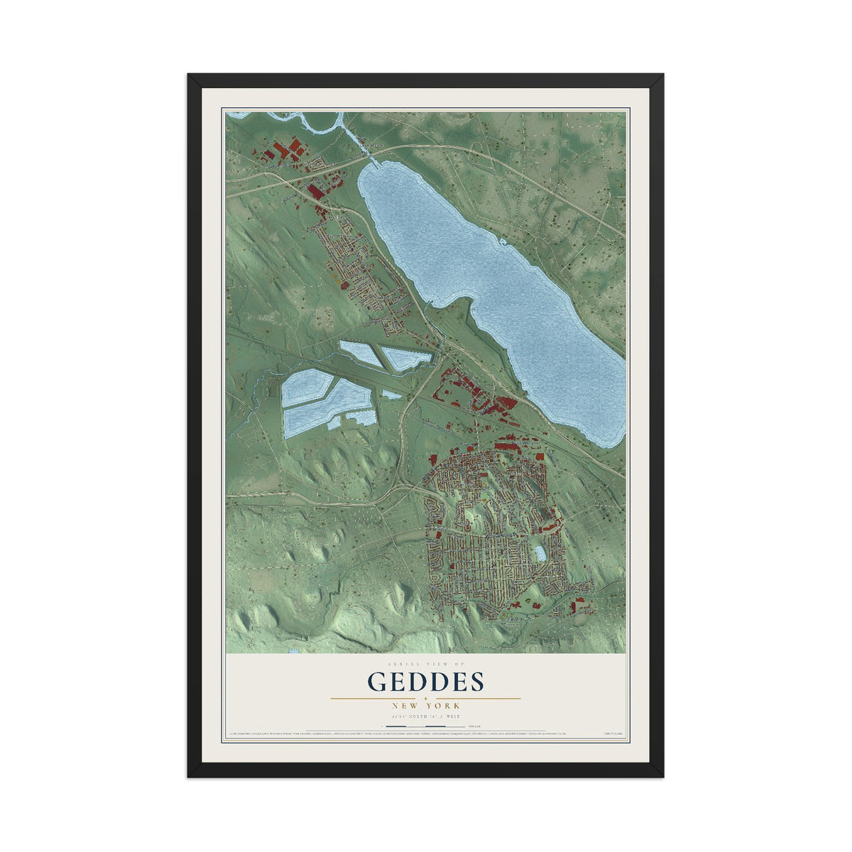 Geddes, New York map print, 12" x 18" W/ Black Ayous Wood Frame mockup