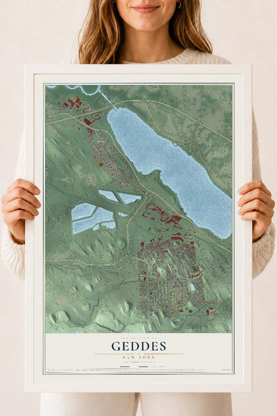 Geddes, New York map print, 18" x 24" W/ White Ayous Wood Frame mockup