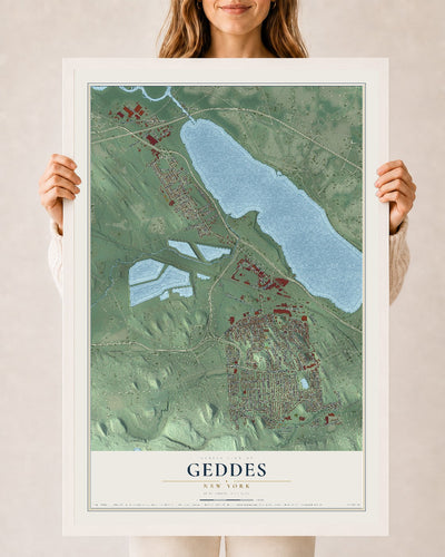 Geddes, New York map print, 24" x 36" W/ White Ayous Wood Frame mockup