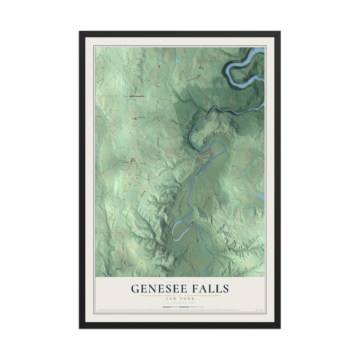 Genesee Falls, New York map print, 12" x 18" W/ Black Ayous Wood Frame mockup