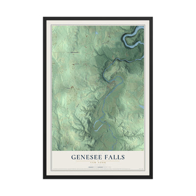 Genesee Falls, New York map print, 12" x 18" W/ Black Ayous Wood Frame mockup