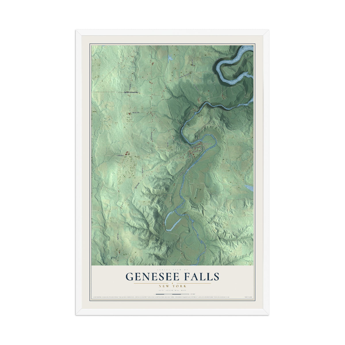 Genesee Falls, New York map print, 12" x 18" W/ White Ayous Wood Frame mockup