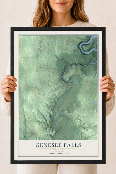 Genesee Falls, New York map print, 18" x 24" W/ Black Ayous Wood Frame mockup