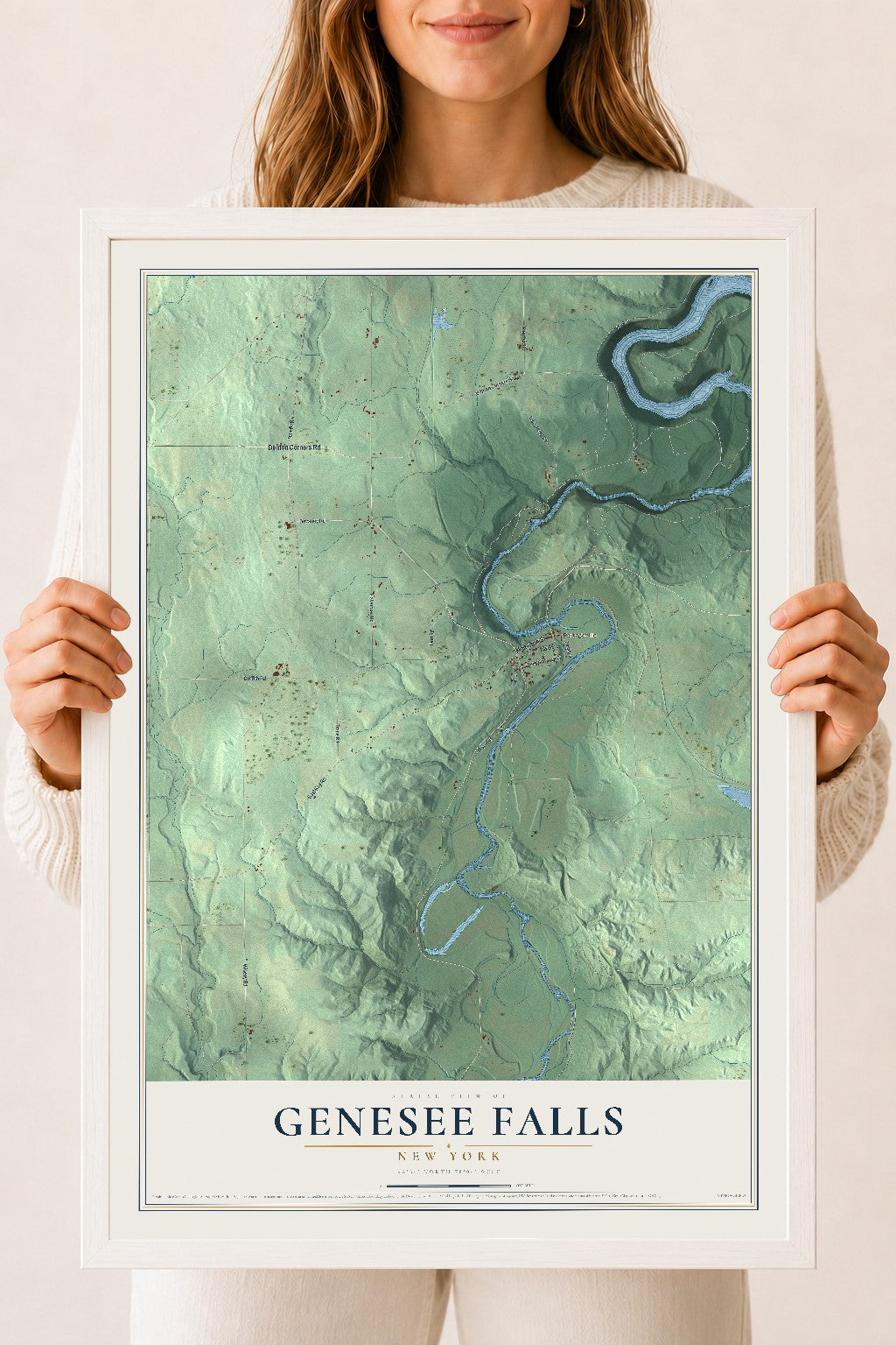 Genesee Falls, New York map print, 18" x 24" W/ White Ayous Wood Frame mockup