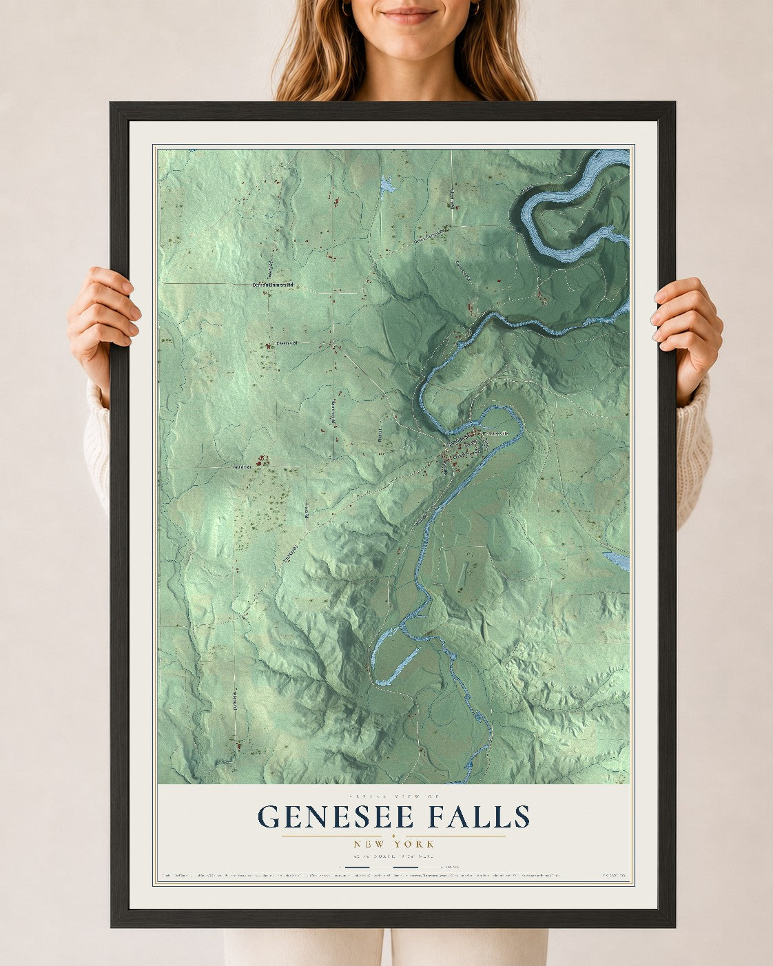Genesee Falls, New York map print, 24" x 36" W/ Black Ayous Wood Frame mockup