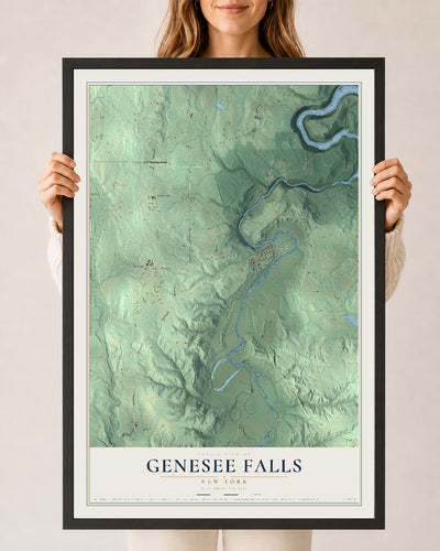 Genesee Falls, New York map print, 24" x 36" W/ Black Ayous Wood Frame mockup