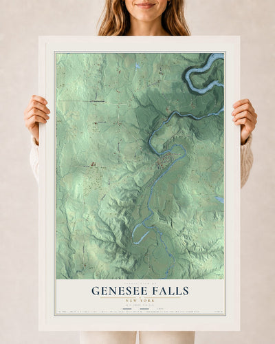Genesee Falls, New York map print, 24" x 36" W/ White Ayous Wood Frame mockup