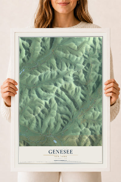 Genesee, New York map print, 18" x 24" W/ White Ayous Wood Frame mockup