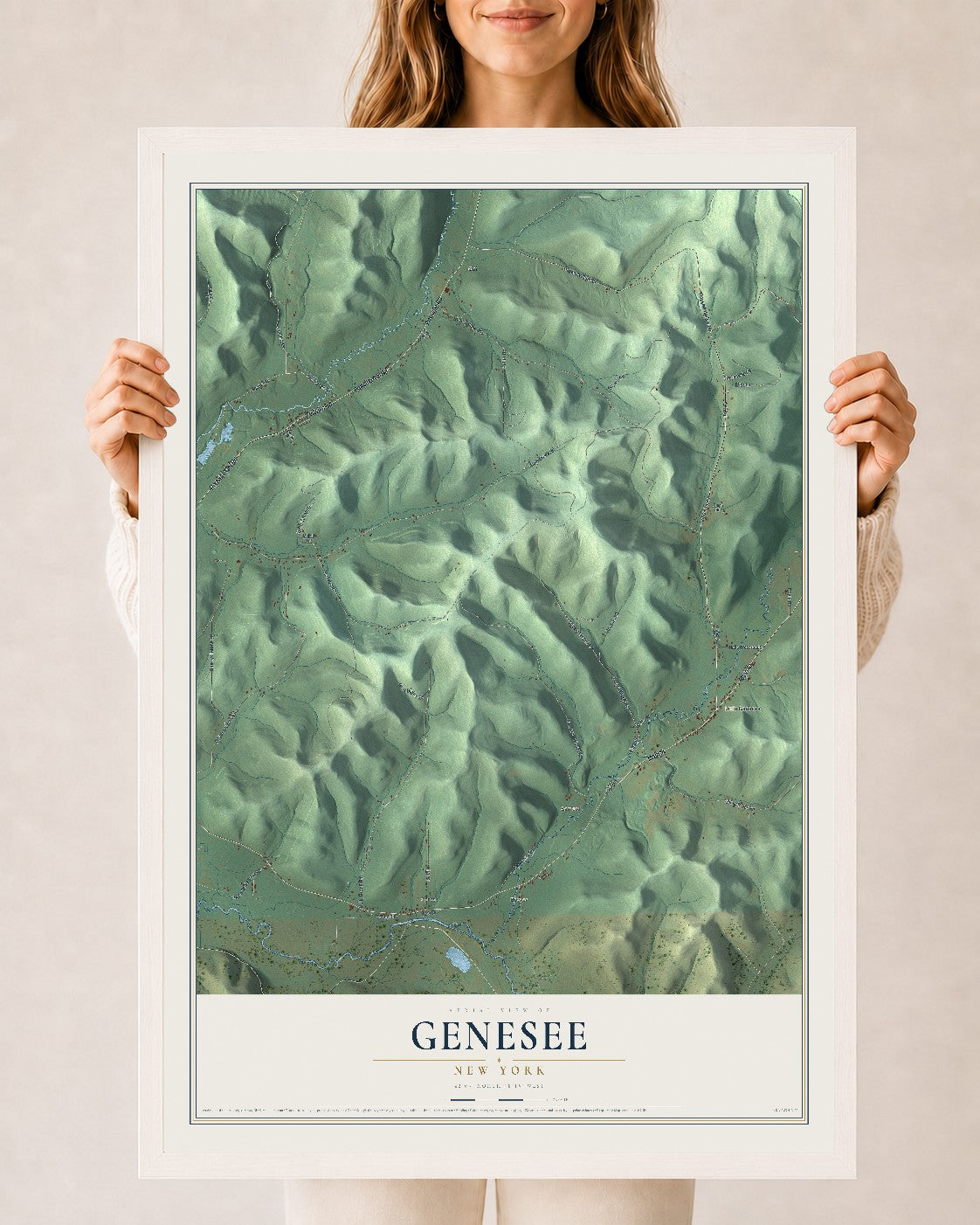 Genesee, New York map print, 24" x 36" W/ White Ayous Wood Frame mockup