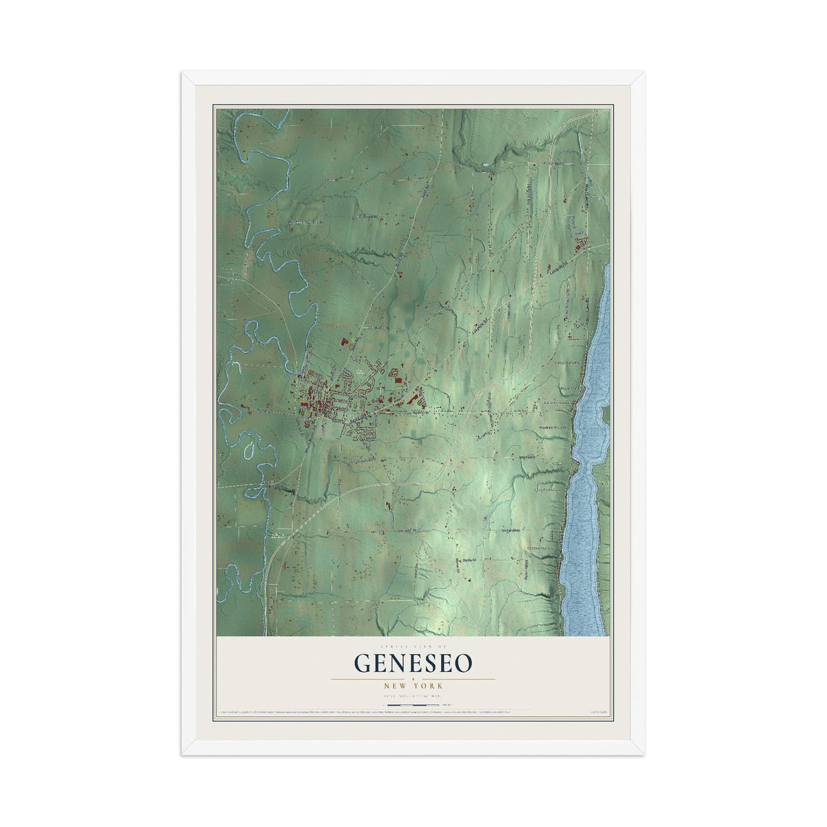 Geneseo, New York map print, 12" x 18" W/ White Ayous Wood Frame mockup
