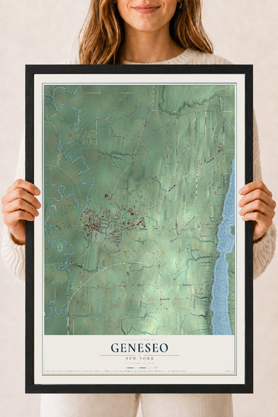 Geneseo, New York map print, 18" x 24" W/ Black Ayous Wood Frame mockup