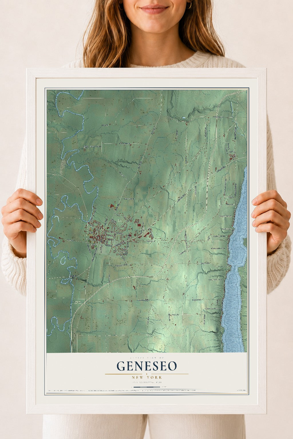 Geneseo, New York map print, 18" x 24" W/ White Ayous Wood Frame mockup