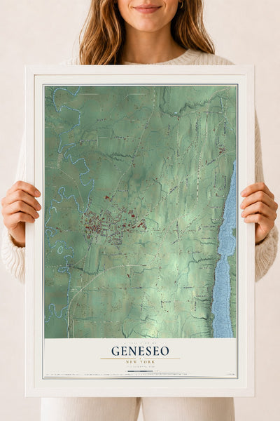 Geneseo, New York map print, 18" x 24" W/ White Ayous Wood Frame mockup