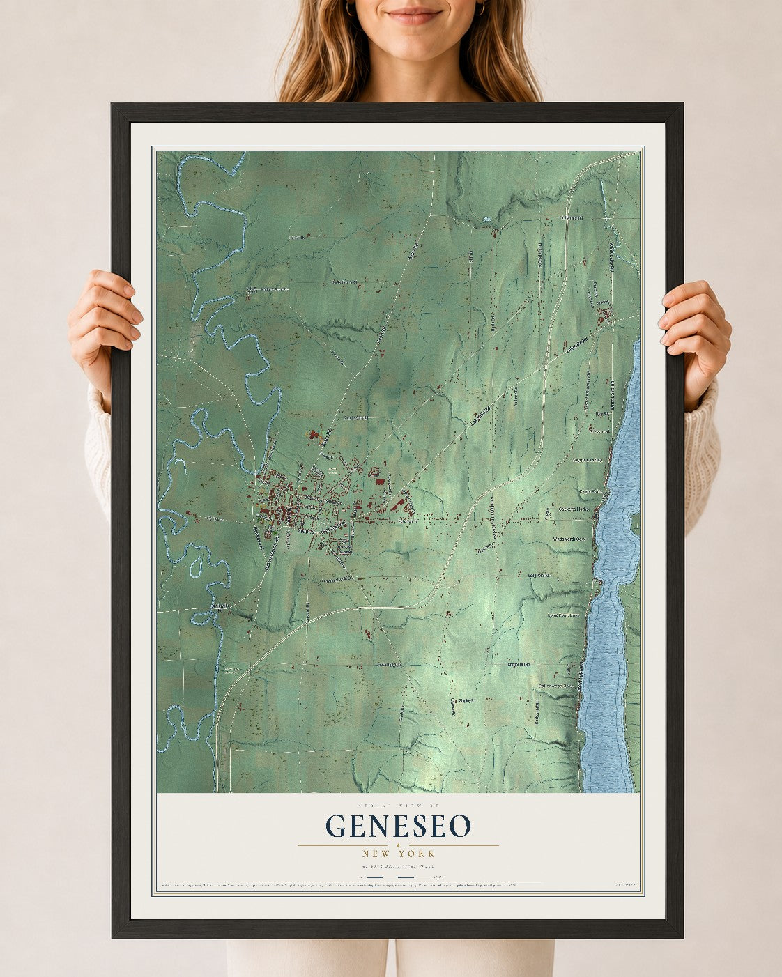 Geneseo, New York map print, 24" x 36" W/ Black Ayous Wood Frame mockup
