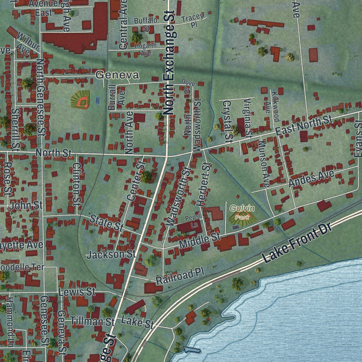 Close-up 2 of the Geneva City (Ontario County), New York map artwork