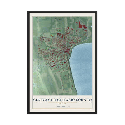 Geneva City (Ontario County), New York map print, 12" x 18" W/ Black Ayous Wood Frame mockup