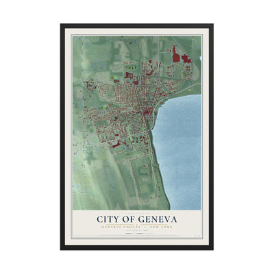 Map of the City of Geneva, Ontario County, New York, 12 x 18 inch print in a black wood frame