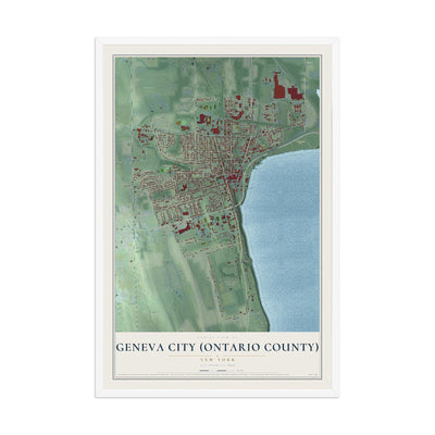 Geneva City (Ontario County), New York map print, 12" x 18" W/ White Ayous Wood Frame mockup