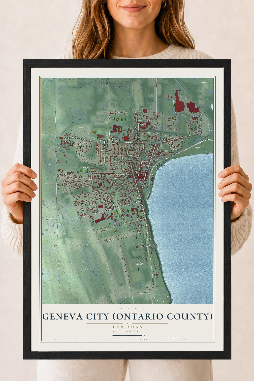 Geneva City (Ontario County), New York map print, 18" x 24" W/ Black Ayous Wood Frame mockup
