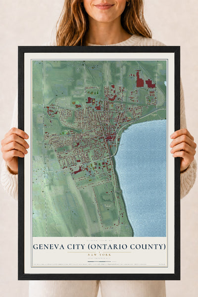 Geneva City (Ontario County), New York map print, 18" x 24" W/ Black Ayous Wood Frame mockup