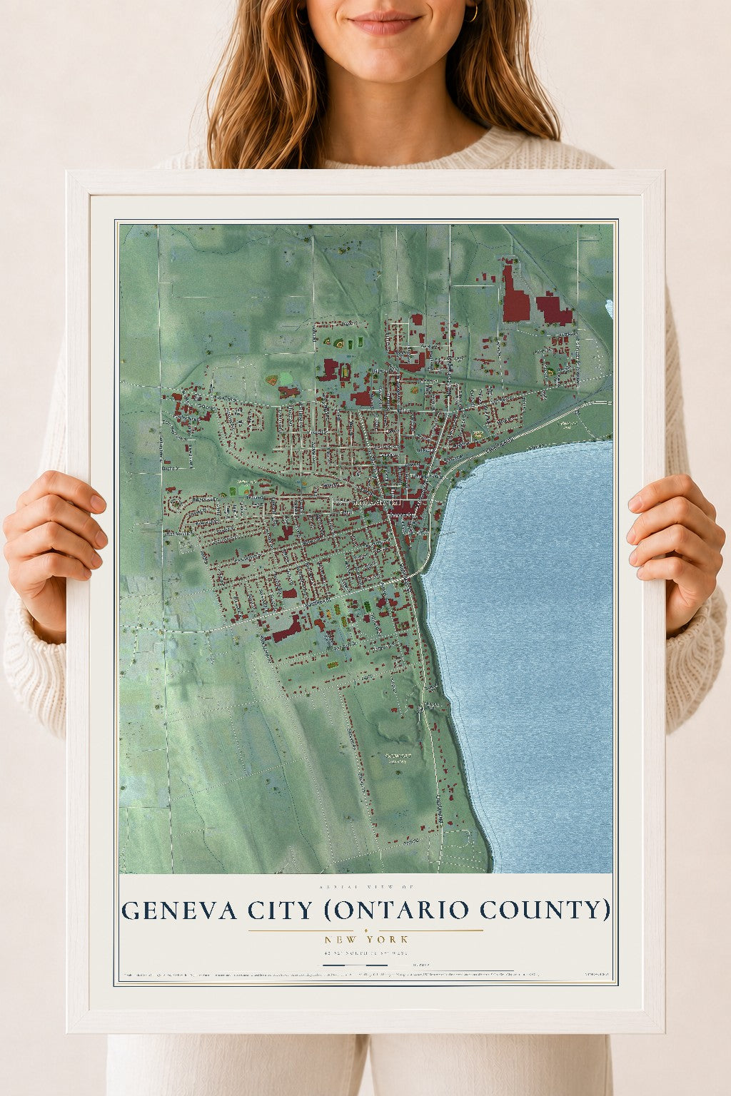 Geneva City (Ontario County), New York map print, 18" x 24" W/ White Ayous Wood Frame mockup