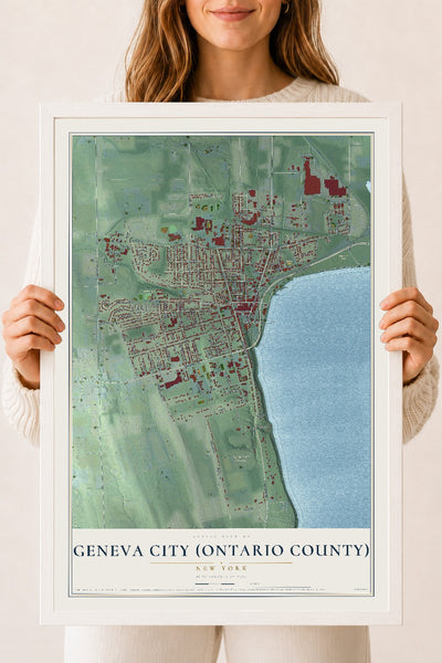 Geneva City (Ontario County), New York map print, 18" x 24" W/ White Ayous Wood Frame mockup