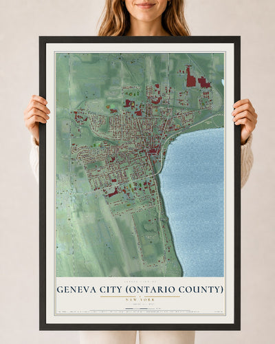 Geneva City (Ontario County), New York map print, 24" x 36" W/ Black Ayous Wood Frame mockup