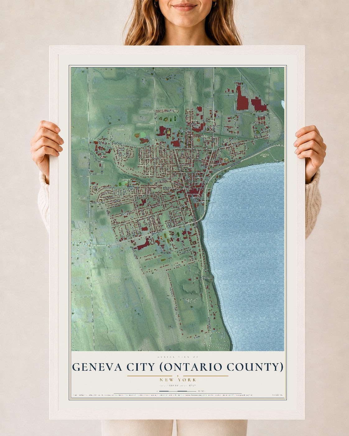 Geneva City (Ontario County), New York map print, 24" x 36" W/ White Ayous Wood Frame mockup