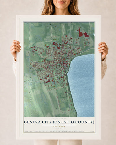 Geneva City (Ontario County), New York map print, 24" x 36" W/ White Ayous Wood Frame mockup