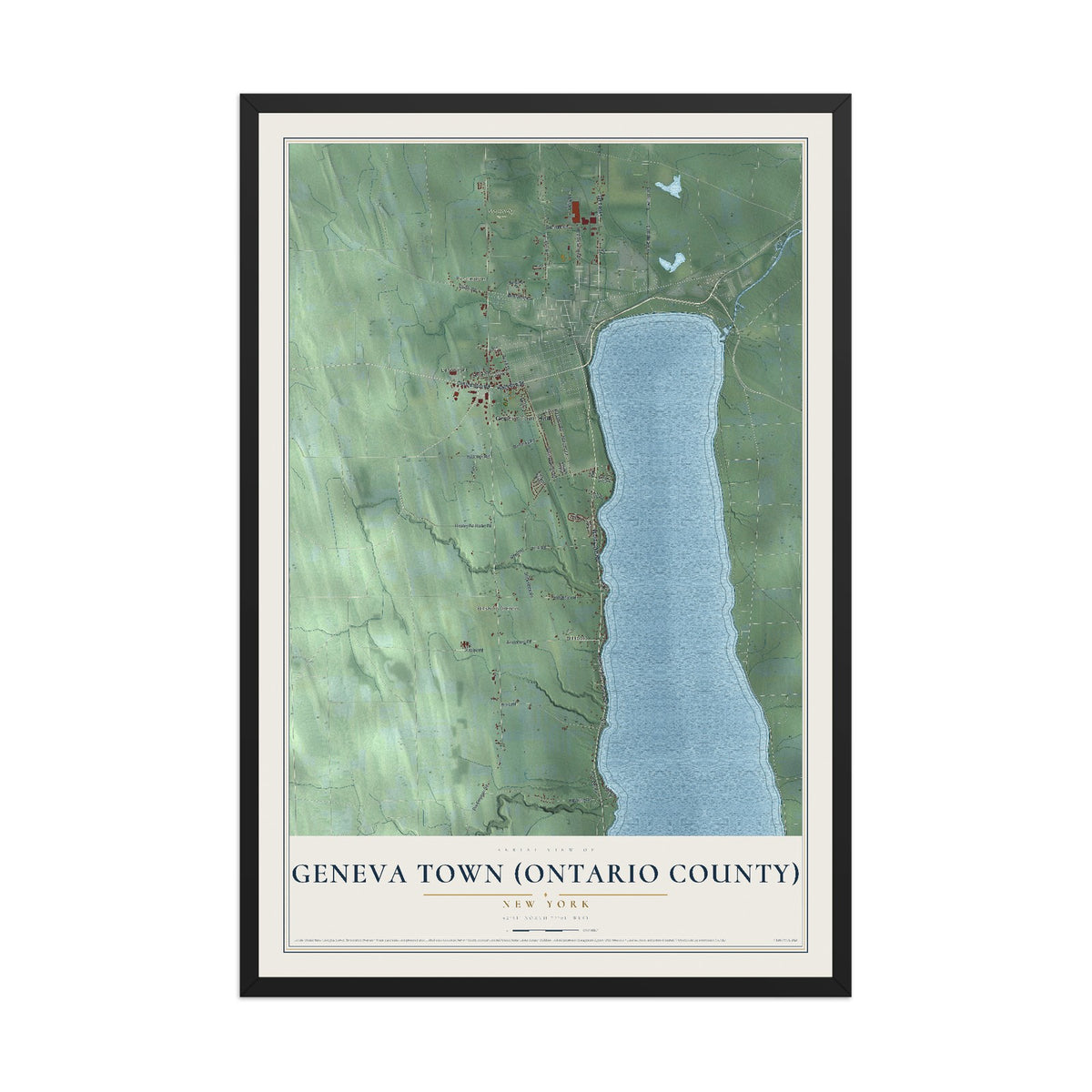 Geneva Town (Ontario County), New York map print, 12" x 18" W/ Black Ayous Wood Frame mockup