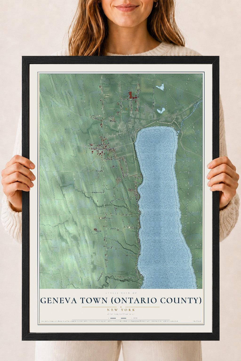Geneva Town (Ontario County), New York map print, 18" x 24" W/ Black Ayous Wood Frame mockup