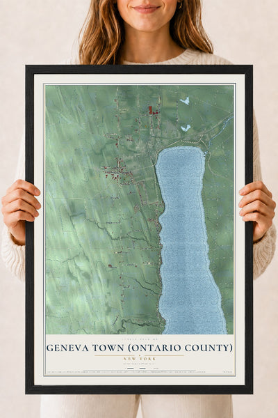 Geneva Town (Ontario County), New York map print, 18" x 24" W/ Black Ayous Wood Frame mockup
