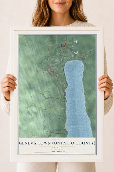 Geneva Town (Ontario County), New York map print, 18" x 24" W/ White Ayous Wood Frame mockup