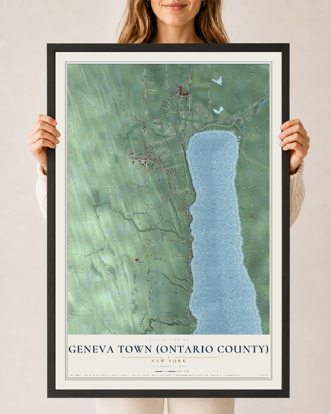 Geneva Town (Ontario County), New York map print, 24" x 36" W/ Black Ayous Wood Frame mockup