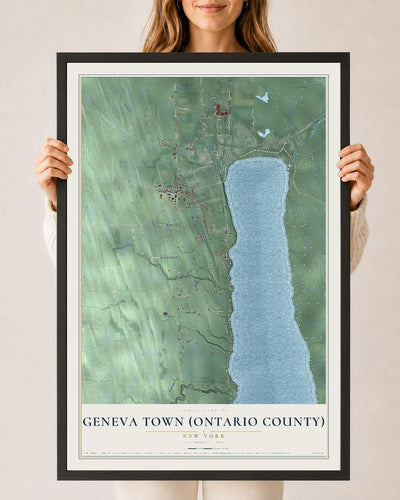 Geneva Town (Ontario County), New York map print, 24" x 36" W/ Black Ayous Wood Frame mockup