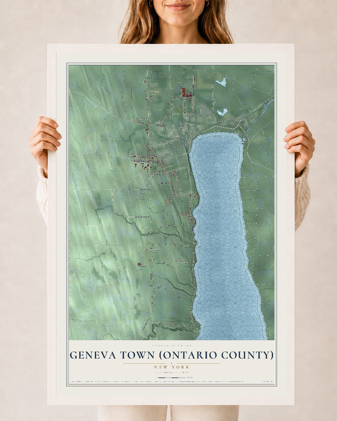 Geneva Town (Ontario County), New York map print, 24" x 36" W/ White Ayous Wood Frame mockup