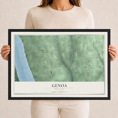 Genoa, New York map print, 12" x 18" W/ Black Ayous Wood Frame mockup