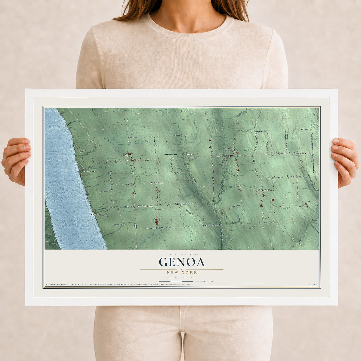 Genoa, New York map print, 12" x 18" W/ White Ayous Wood Frame mockup