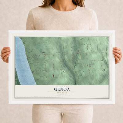 Genoa, New York map print, 12" x 18" W/ White Ayous Wood Frame mockup