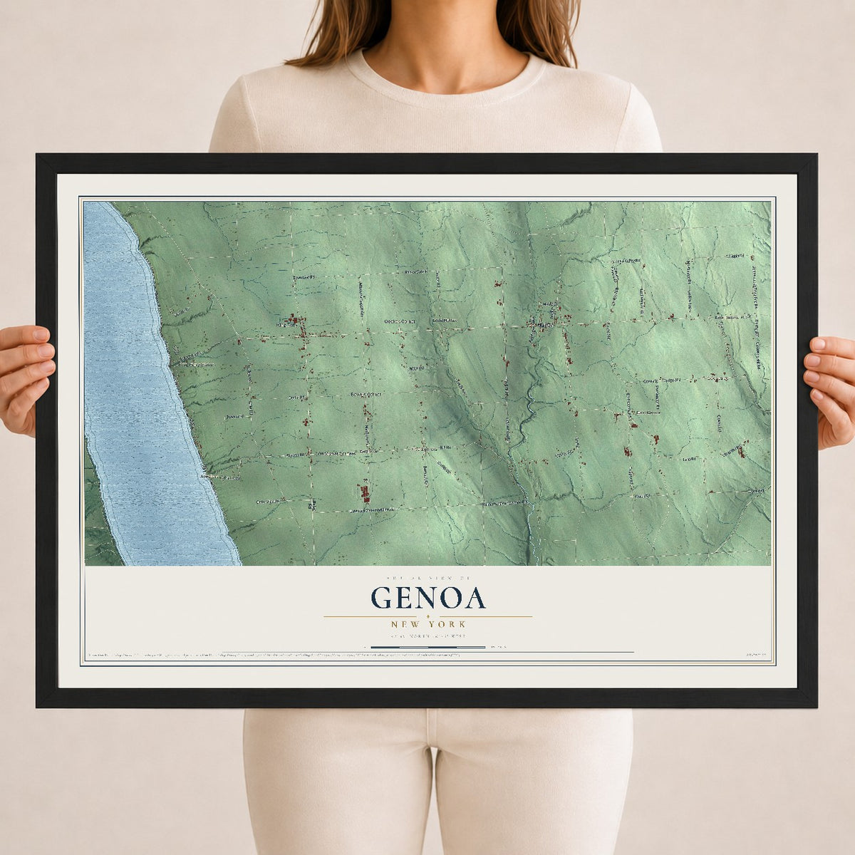 Genoa, New York map print, 18" x 24" W/ Black Ayous Wood Frame mockup