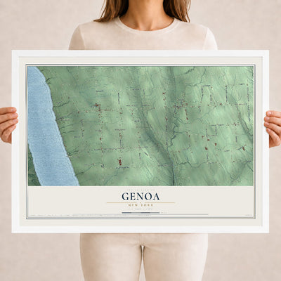 Genoa, New York map print, 18" x 24" W/ White Ayous Wood Frame mockup