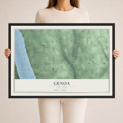 Genoa, New York map print, 24" x 36" W/ Black Ayous Wood Frame mockup