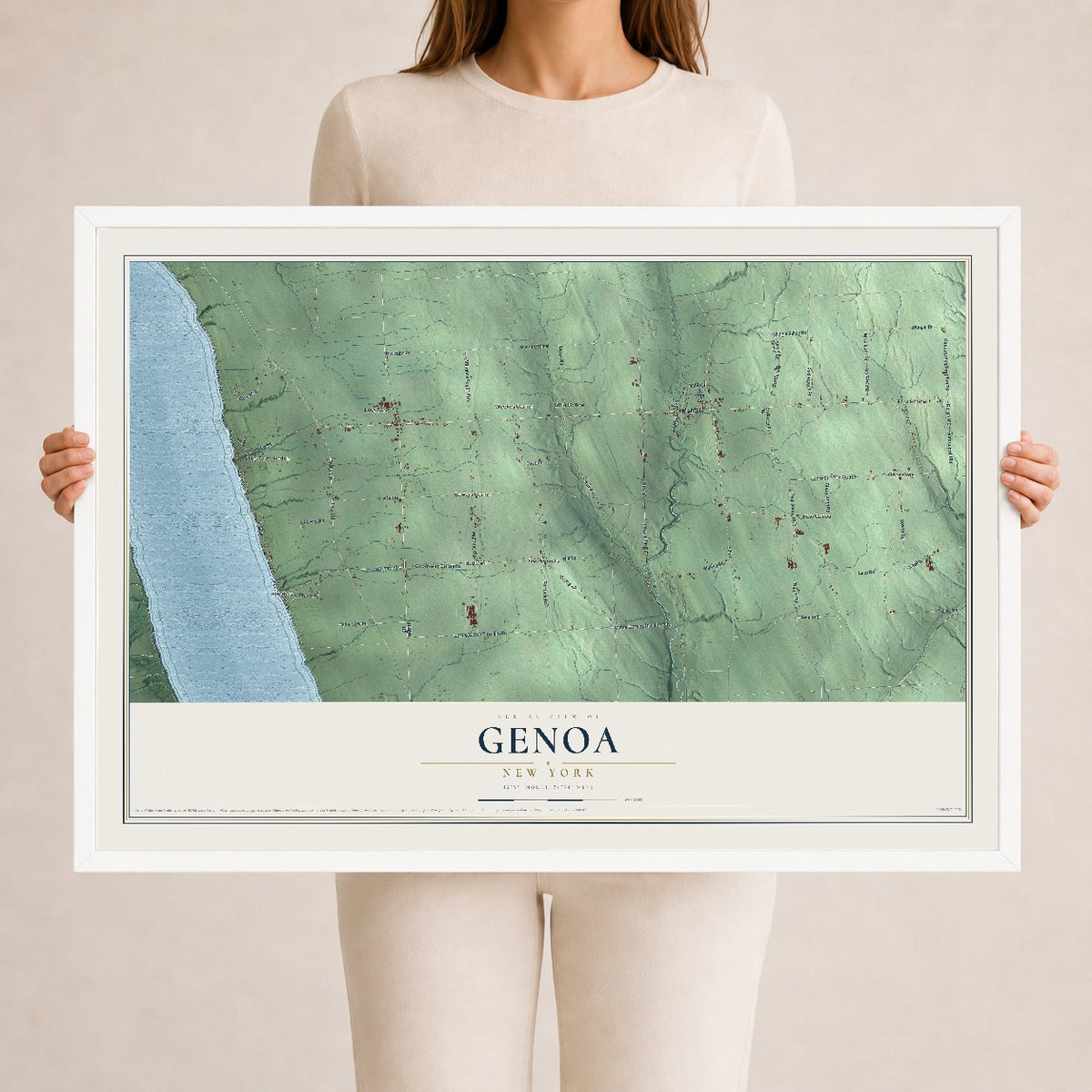 Genoa, New York map print, 24" x 36" W/ White Ayous Wood Frame mockup