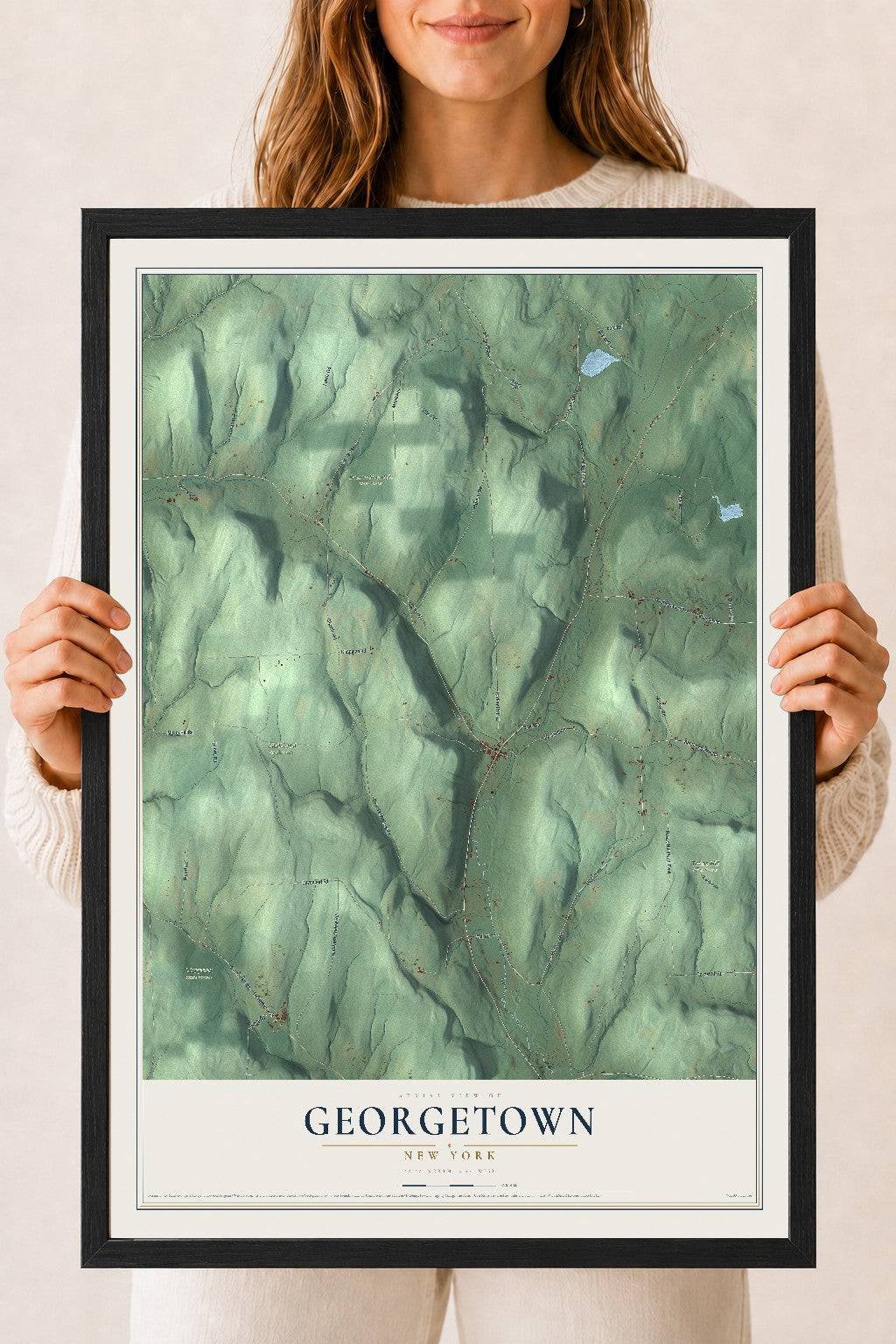 Georgetown, New York map print, 18" x 24" W/ Black Ayous Wood Frame mockup