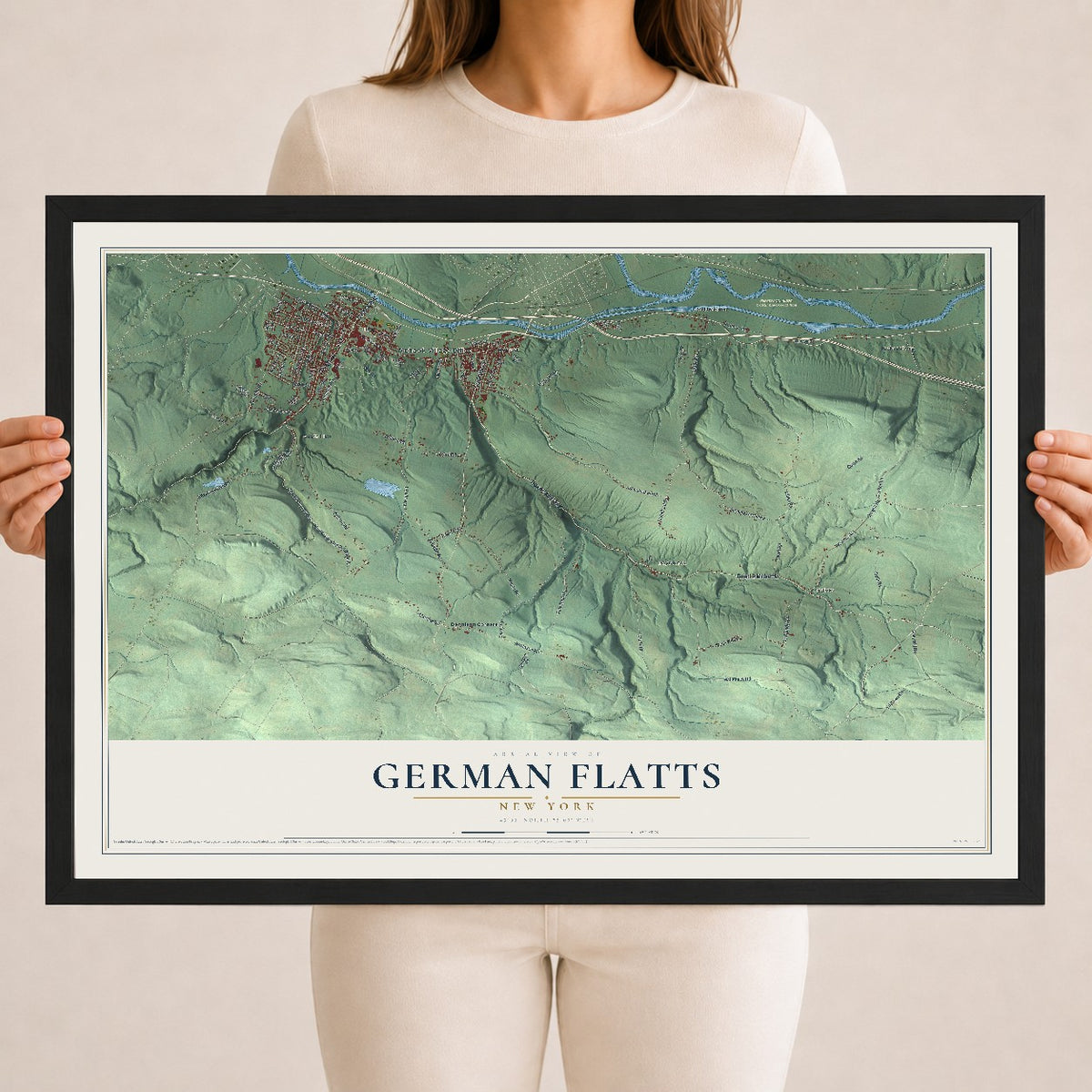 German Flatts, New York map print, 18" x 24" W/ Black Ayous Wood Frame mockup