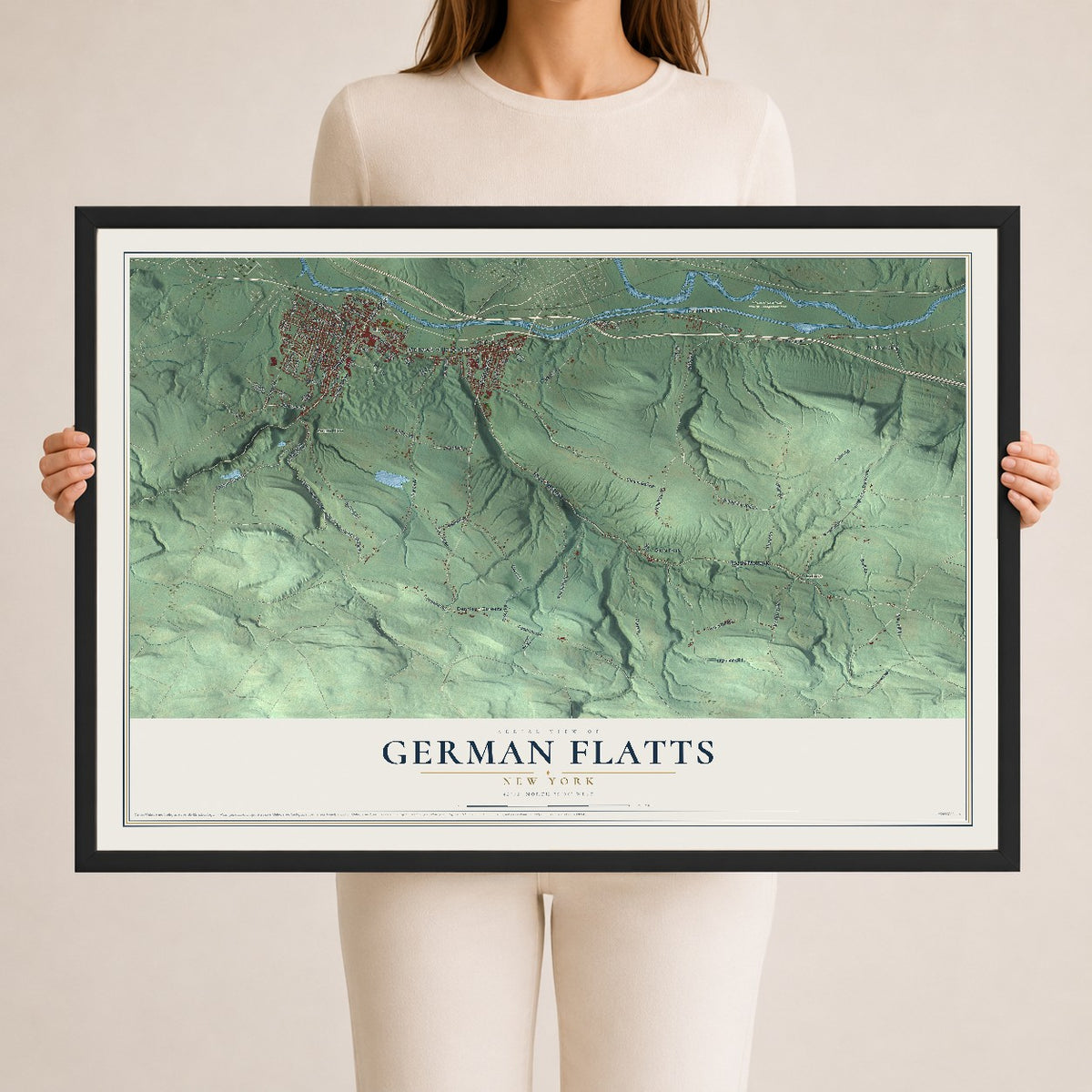 German Flatts, New York map print, 24" x 36" W/ Black Ayous Wood Frame mockup