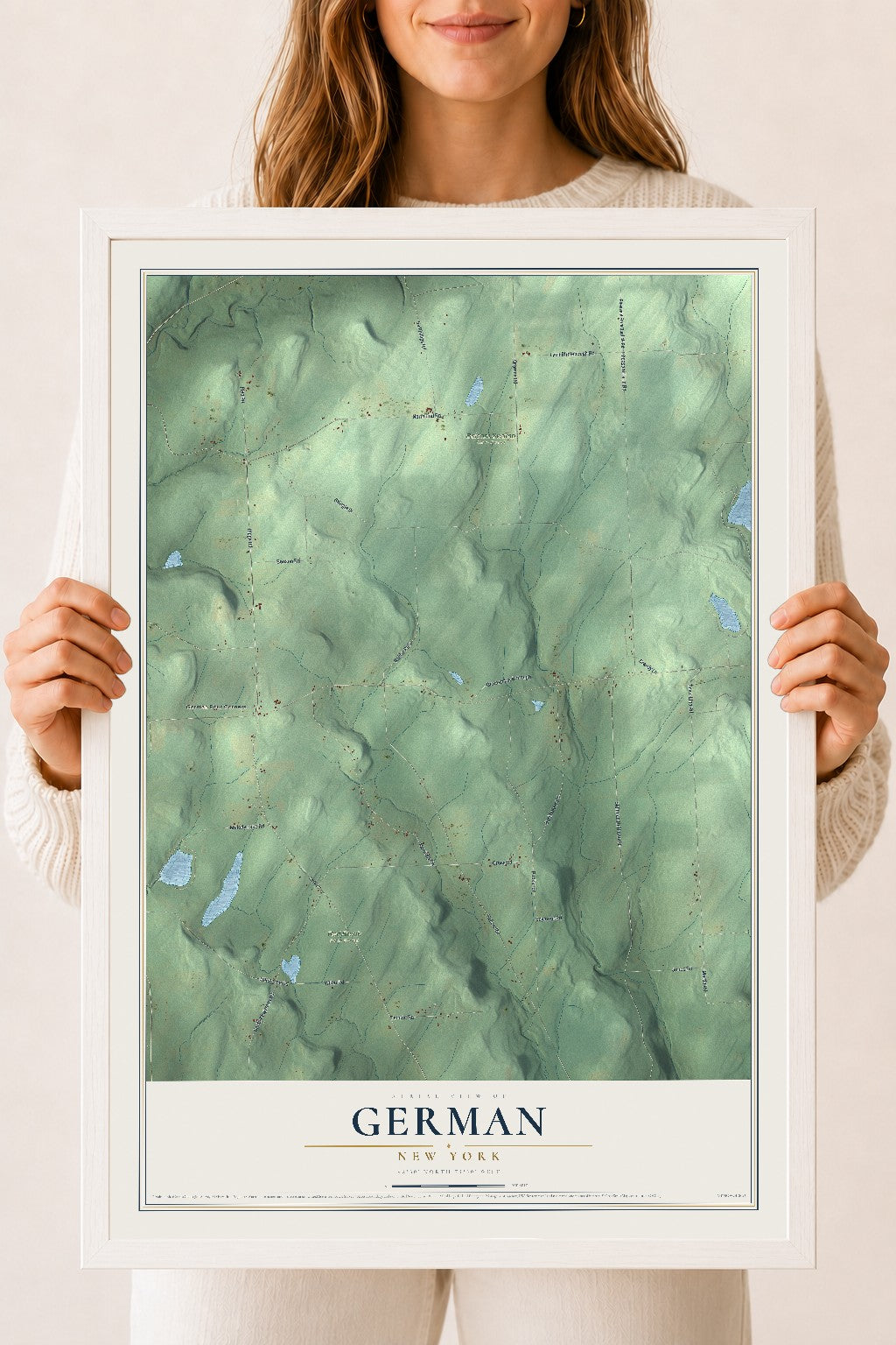 German, New York map print, 18" x 24" W/ White Ayous Wood Frame mockup