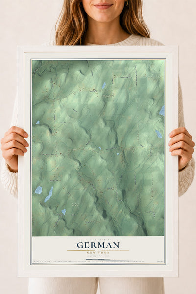 German, New York map print, 18" x 24" W/ White Ayous Wood Frame mockup