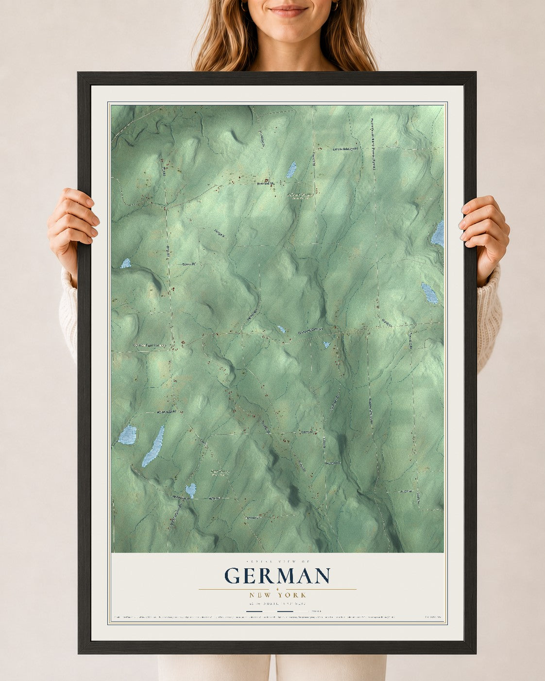 German, New York map print, 24" x 36" W/ Black Ayous Wood Frame mockup