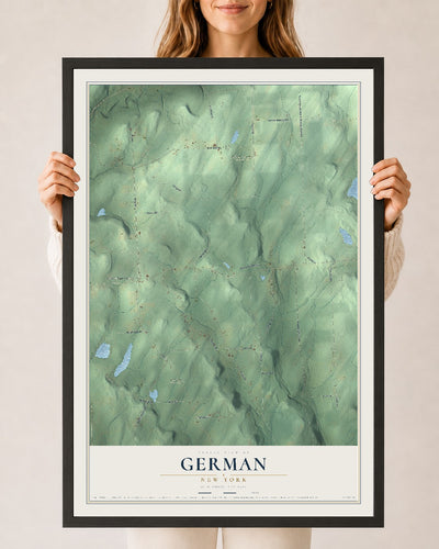 German, New York map print, 24" x 36" W/ Black Ayous Wood Frame mockup
